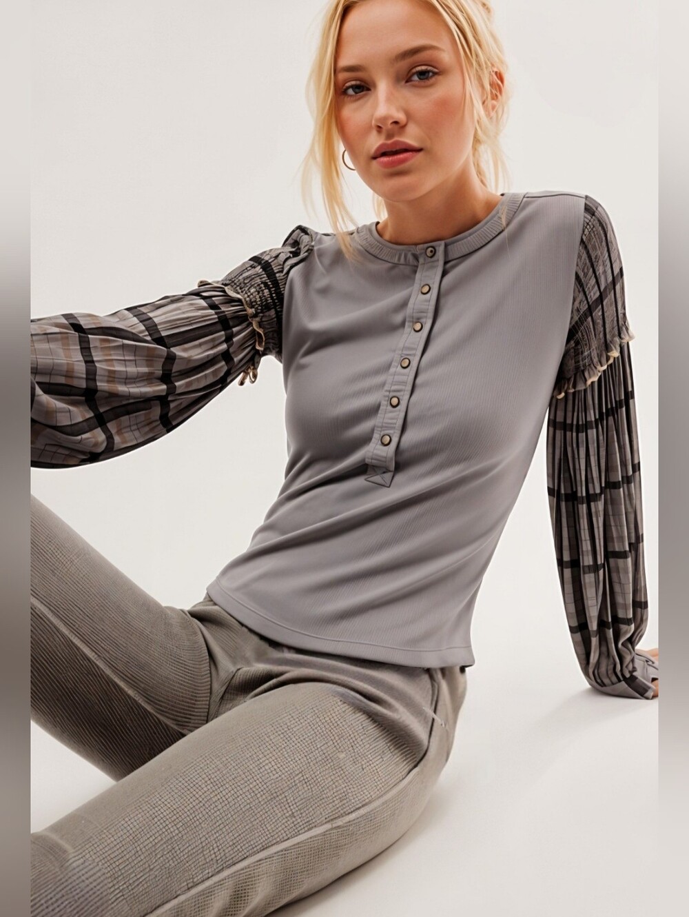 Anthropologie Pilcro Plaid-Sleeve Thermal Henley Top - Gray